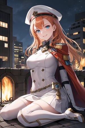 elbow gloves, white skirt, miniskirt, skirt, white_thighhigh_boots,military_uniform,military_hat,long white elbow gloves,sleeveless ,no_sleeves,shoulder_cape,looking at viewer, city, night, sky, (intricately detailed, hyperdetailed), burning building background,depth of field, best quality, masterpiece, intricate details, tonemapping, sharp focus, hyper detailed, trending on Artstation,1 girl, high res, official art,evil smile,crossed_legs_(sitting),light_blue_eyes,warAnne, long hair, wavy hair,orange_hair