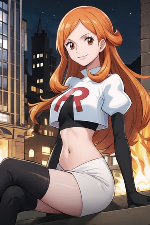 Team Rocket, cropped jacket, white jacket, crop top, jacket, gloves, black gloves, elbow gloves, navel, midriff, white skirt, miniskirt, skirt, black thighhigh boots,military_uniform,looking at viewer, city, night, sky, (intricately detailed, hyperdetailed), burning building background,depth of field, best quality, masterpiece, intricate details, tonemapping, sharp focus, hyper detailed, trending on Artstation,1 girl, high res, official art,evil smile,crossed_legs_(sitting),namipostn,orange_hair,brown_eyes,long_hair