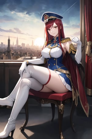 elbow gloves, white skirt, miniskirt, skirt, white_thighhigh_boots,military_uniform,military_hat,white_elbow_gloves,sleeveless ,no_sleeves,shoulder_cape,looking at viewer, city, night, sky, (intricately detailed, hyperdetailed), burning building background,depth of field, best quality, masterpiece, intricate details, tonemapping, sharp focus, hyper detailed, trending on Artstation,1 girl, high res, official art,evil smile,sitting_down,crossed_legs_(sitting),sitting_on_chair, jewelry,FAIRYTAIL_ERZA,red_hair,brown_eyes