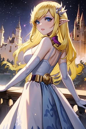 A stunning masterpiece of a scene set against the backdrop of a majestic Chinese-inspired castle at night. A lone figure, a blonde-haired beauty with pointed ears and striking light blue eyes, gazes directly at the viewer. She wears an intricately detailed long white dress and matching elbow gloves that sparkle like diamonds in the dimly lit atmosphere. Her hair flows down her back like a golden waterfall, and her makeup is expertly applied to accentuate her features. The sky above is a deep shade of indigo, with stars twinkling like diamonds scattered across the fabric of the universe. The depth of field is masterfully managed, with the subject sharply focused and the castle's turrets and towers fading into the background. This artwork exudes a sense of fantasy and wonder, as if plucked straight from the pages of a beloved fairy tale.