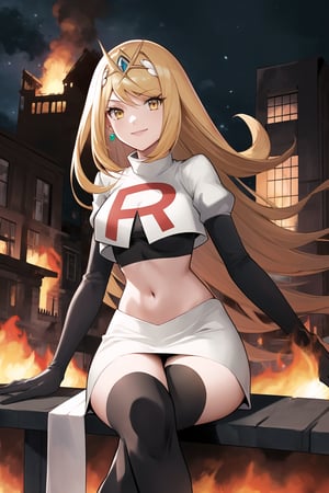 Team Rocket, cropped jacket, white jacket, crop top, jacket, gloves, black gloves, elbow gloves, navel, midriff, white skirt, miniskirt, skirt, black thighhigh boots,military_uniform,looking at viewer, city, night, sky, (intricately detailed, hyperdetailed), burning building background,depth of field, best quality, masterpiece, intricate details, tonemapping, sharp focus, hyper detailed, trending on Artstation,1 girl, high res, official art,evil smile,crossed_legs_(sitting),mythradef, tiara, earrings,yellow_eyes,blond_hair