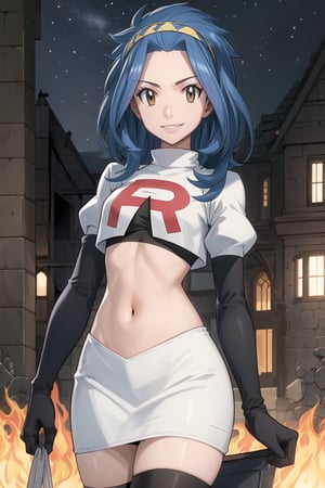 Team Rocket, cropped jacket, white jacket, crop top, jacket, gloves, black gloves, elbow gloves, navel, midriff, white skirt, miniskirt, skirt, black thighhigh boots,military_uniform,looking at viewer, city, night, sky, (intricately detailed, hyperdetailed), burning building background,depth of field, best quality, masterpiece, intricate details, tonemapping, sharp focus, hyper detailed, trending on Artstation,1 girl, high res, official art,evil smile,Levy McGarden,blue_hair,brown_eyes