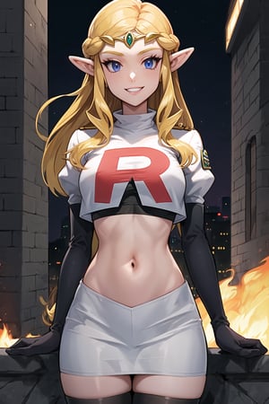 Team Rocket, cropped jacket, white jacket, crop top, jacket, gloves, black gloves, elbow gloves, navel, midriff, white skirt, miniskirt, skirt, black thighhigh boots,military_uniform,looking at viewer, city, night, sky, (intricately detailed, hyperdetailed), burning building background,depth of field, best quality, masterpiece, intricate details, tonemapping, sharp focus, hyper detailed, trending on Artstation,1 girl, high res, official art,evil smile,Ocarina of Time Zelda,blond_hair