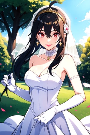 hair between eyes, ahoge, white_hair, star \(symbol\), hair ornament, dress, cleavage, bare shoulders, collarbone, long white elbow gloves, white gloves, white dress, white choker, strapless, tiara, veil, strapless dress, wedding dress, bridal veil, beautiful woman, perfect body, perfect breasts, wearing a wedding dress, ball gown,lipstick,makeup ,in the park trees, wedding decorations, a in love smile, realism, masterpiece, textured skin, super detail, high detail, high quality, best quality, 1080p, 16k,bbyorf, short hair with long locks, red eyes, gold earrings,black_hair