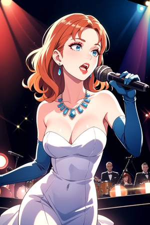 best quality,4k,8k,highres,masterpiece:1.2),ultra-detailed,(realistic,photorealistic,photo-realistic:1.37), vibrant colors, stage spotlight, vintage microphone, elegant hair, graceful pose, dynamic atmosphere, stylish interior, classic jazz era vibes, captivating performance, soulful expression, animated jazz band, rhythmic music, passionate singing, microphone stand, energetic crowd, glamorous ambiance, seamless visual composition, enchanting red lighting, annette_war, in a white dress, blue eyes, orange hair, long hair, long white elbow gloves, wearing red lipstick, wearing light purple eye shadow, wearing makeup,blue_earrings,necklace ,holding old 1920s microphone, jazz club background, singing,