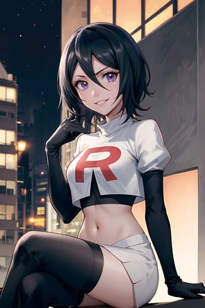 Team Rocket, cropped jacket, white jacket, crop top, jacket, gloves, black gloves, elbow gloves, navel, midriff, white skirt, miniskirt, skirt, black thighhigh boots,military_uniform,looking at viewer, city, night, sky, (intricately detailed, hyperdetailed), burning building background,depth of field, best quality, masterpiece, intricate details, tonemapping, sharp focus, hyper detailed, trending on Artstation,1 girl, high res, official art,evil smile,crossed_legs_(sitting),Rukia, black hair, short hair, hair between eyes, purple eyes