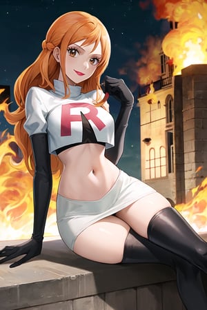 Team Rocket, cropped jacket, white jacket, crop top, jacket, gloves, black gloves, elbow gloves, navel, midriff, white skirt, miniskirt, skirt, black thighhigh boots,military_uniform,looking at viewer, city, night, sky, (intricately detailed, hyperdetailed), burning building background,depth of field, best quality, masterpiece, intricate details, tonemapping, sharp focus, hyper detailed, trending on Artstation,1 girl, high res, official art,evil smile,purple_eyeshadow,pink_lipstick,crossed_legs_(sitting),namipostn,orange_hair,brown_eyes,long_hair, nami_(one_piece),nami \(one piece\)