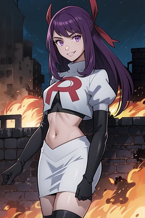 Team Rocket, cropped jacket, white jacket, crop top, jacket, gloves, black gloves, elbow gloves, navel, midriff, white skirt, miniskirt, skirt, black thighhigh boots,military_uniform,looking at viewer, city, night, sky, (intricately detailed, hyperdetailed), burning building background,depth of field, best quality, masterpiece, intricate details, tonemapping, sharp focus, hyper detailed, trending on Artstation,1 girl, high res, official art,evil smile,IVY FE,purple_hair,purple_eyes,long_hair