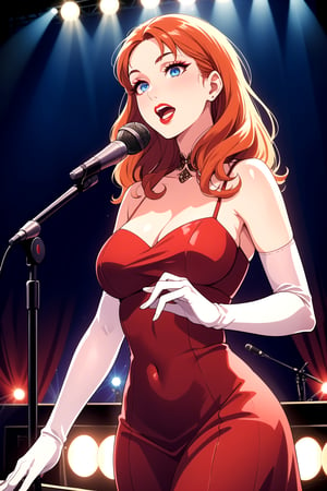 best quality,4k,8k,highres,masterpiece:1.2),ultra-detailed,(realistic,photorealistic,photo-realistic:1.37), vibrant colors, stage spotlight, vintage microphone, elegant hair, graceful pose, dynamic atmosphere, stylish interior, classic jazz era vibes, captivating performance, soulful expression, animated jazz band, rhythmic music, passionate singing, microphone stand, energetic crowd, glamorous ambiance, seamless visual composition, enchanting red lighting, annette_war, in a red dress, blue eyes, orange hair, long hair, long white elbow gloves, wearing red lipstick, wearing light purple eye shadow, wearing makeup, holding old 1920s microphone, jazz club background, singing