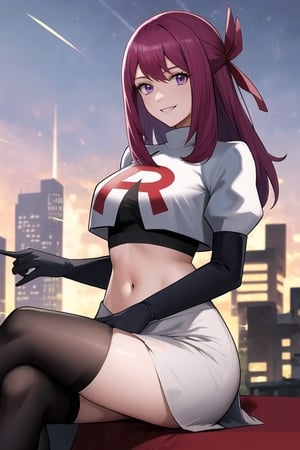 Team Rocket, cropped jacket, white jacket, crop top, jacket, gloves, black gloves, elbow gloves, navel, midriff, white skirt, miniskirt, skirt, black thighhighs,military_uniform,looking down at viewer, china, asiática, city, night, sky, (intricately detailed, hyperdetailed), blurry background,depth of field, best quality, masterpiece, intricate details, tonemapping, sharp focus, hyper detailed, trending on Artstation,1 girl, high res, official art,evil smile,crossed_legs_(sitting),IVY FE,purple_eyes,purple_hair