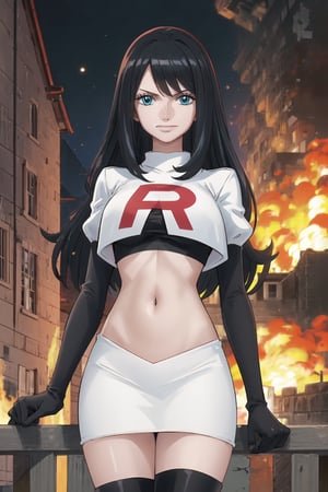 Team Rocket, cropped jacket, white jacket, crop top, jacket, gloves, black gloves, elbow gloves, navel, midriff, white skirt, miniskirt, skirt, black thighhigh boots,military_uniform,looking at viewer, city, night, sky, (intricately detailed, hyperdetailed), burning building background,depth of field, best quality, masterpiece, intricate details, tonemapping, sharp focus, hyper detailed, trending on Artstation,1 girl, high res, official art,evil smile,nicorob, black_hair,blue_eyes,long_hair