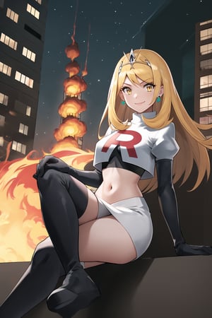 Team Rocket, cropped jacket, white jacket, crop top, jacket, gloves, black gloves, elbow gloves, navel, midriff, white skirt, miniskirt, skirt, black thighhigh boots,military_uniform,looking at viewer, city, night, sky, (intricately detailed, hyperdetailed), burning building background,depth of field, best quality, masterpiece, intricate details, tonemapping, sharp focus, hyper detailed, trending on Artstation,1 girl, high res, official art,evil smile,crossed_legs_(sitting),mythradef, tiara, earrings,yellow_eyes,blond_hair