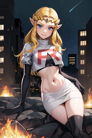 Team Rocket, cropped jacket, white jacket, crop top, jacket, gloves, black gloves, elbow gloves, navel, midriff, white skirt, miniskirt, skirt, black thighhigh boots,military_uniform,looking at viewer, city, night, sky, (intricately detailed, hyperdetailed), burning building background,depth of field, best quality, masterpiece, intricate details, tonemapping, sharp focus, hyper detailed, trending on Artstation,1 girl, high res, official art,evil smile,sitting_down,crossed_legs_(sitting),Ocarina of Time Zelda,blond_hair