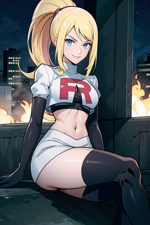 Team Rocket, cropped jacket, white jacket, crop top, jacket, gloves, black gloves, elbow gloves, navel, midriff, white skirt, miniskirt, skirt, black thighhigh boots,military_uniform,looking at viewer, city, night, sky, (intricately detailed, hyperdetailed), burning building background,depth of field, best quality, masterpiece, intricate details, tonemapping, sharp focus, hyper detailed, trending on Artstation,1 girl, high res, official art,evil smile,sitting_down,crossed_legs_(sitting),samus aran,ponytail, hair tie,blond_hair,blue_eyes