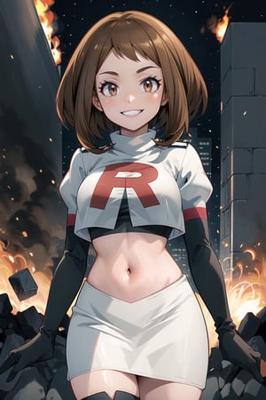 Team Rocket, cropped jacket, white jacket, crop top, jacket, gloves, black gloves, elbow gloves, navel, midriff, white skirt, miniskirt, skirt, black thighhigh boots,military_uniform,looking at viewer, city, night, sky, (intricately detailed, hyperdetailed), burning building background,depth of field, best quality, masterpiece, intricate details, tonemapping, sharp focus, hyper detailed, trending on Artstation,1 girl, high res, official art,evil smile,posing,brown_hair,brown_eyes,hmochako, short hair