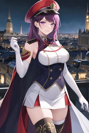 elbow gloves, white skirt, miniskirt, skirt, black thighhigh boots,white_gloves,white_military_uniform,white_military_hat,long white elbow gloves,sleeveless ,no_sleeves,shoulder_cape,looking at viewer, city, night, sky, (intricately detailed, hyperdetailed), frozen building background,depth of field, best quality, masterpiece, intricate details, tonemapping, sharp focus, hyper detailed, trending on Artstation,1 girl, high res, official art,evil smile,purple_eyes,IVY FE,purple-hair