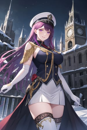 elbow gloves, white skirt, miniskirt, skirt, black thighhigh boots,white_gloves,white_military_uniform,white_military_hat,long white elbow gloves,sleeveless ,no_sleeves,shoulder_cape,looking at viewer, city, night, sky, (intricately detailed, hyperdetailed), frozen building background,depth of field, best quality, masterpiece, intricate details, tonemapping, sharp focus, hyper detailed, trending on Artstation,1 girl, high res, official art,evil smile,purple_eyes,IVY FE,purple-hair