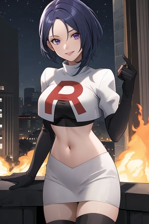 Team Rocket, cropped jacket, white jacket, crop top, jacket, gloves, black gloves, elbow gloves, navel, midriff, white skirt, miniskirt, skirt, black thighhigh boots,military_uniform,looking at viewer, city, night, sky, (intricately detailed, hyperdetailed), burning building background,depth of field, best quality, masterpiece, intricate details, tonemapping, sharp focus, hyper detailed, trending on Artstation,1 girl, high res, official art,evil smile,defShamir, purple_eyes