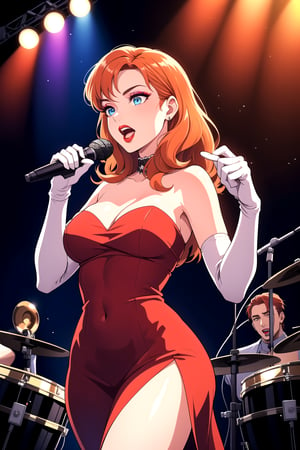 best quality,4k,8k,highres,masterpiece:1.2),ultra-detailed,(realistic,photorealistic,photo-realistic:1.37), vibrant colors, stage spotlight, vintage microphone, elegant hair, graceful pose, dynamic atmosphere, stylish interior, classic jazz era vibes, captivating performance, soulful expression, animated jazz band, rhythmic music, passionate singing, microphone stand, energetic crowd, glamorous ambiance, seamless visual composition, enchanting red lighting, annette_war, in a red dress, blue eyes, orange hair, long hair, long white elbow gloves, wearing red lipstick, wearing light purple eye shadow, wearing makeup, holding old 1920s microphone, jazz club background, singing