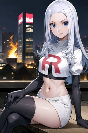 Team Rocket, cropped jacket, white jacket, crop top, jacket, gloves, black gloves, elbow gloves, navel, midriff, white skirt, miniskirt, skirt, black thighhigh boots,military_uniform,looking at viewer, city, night, sky, (intricately detailed, hyperdetailed), burning building background,depth of field, best quality, masterpiece, intricate details, tonemapping, sharp focus, hyper detailed, trending on Artstation,1 girl, high res, official art,evil smile,sitting_down,crossed_legs_(sitting),mirajanestrauss, long hair, blue eyes, white hair, forehead,hair_tie