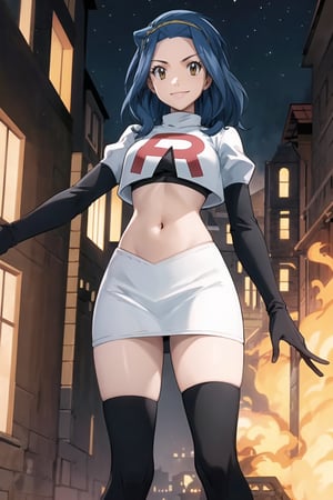 Team Rocket, cropped jacket, white jacket, crop top, jacket, gloves, black gloves, elbow gloves, navel, midriff, white skirt, miniskirt, skirt, black thighhigh boots,military_uniform,looking at viewer, city, night, sky, (intricately detailed, hyperdetailed), burning building background,depth of field, best quality, masterpiece, intricate details, tonemapping, sharp focus, hyper detailed, trending on Artstation,1 girl, high res, official art,evil smile,Levy McGarden,blue_hair,brown_eyes