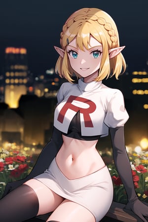 Team Rocket, cropped jacket, white jacket, crop top, jacket, gloves, black gloves, elbow gloves, navel, midriff, white skirt, miniskirt, skirt, black thighhighs,military_uniform,looking down at viewer, china, asiática, city, night, sky, (intricately detailed, hyperdetailed), blurry background,depth of field, best quality, masterpiece, intricate details, tonemapping, sharp focus, hyper detailed, trending on Artstation,1 girl, high res, official art,evil smile,crossed_legs_(sitting),aazelda, short hair, crown braid, hairclip, pointy ears