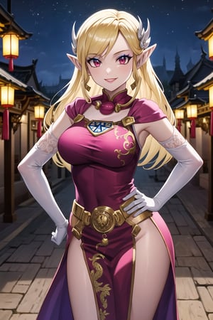 elbow gloves,white_gloves ,dress,long_dress,long white elbow gloves,looking at viewer, china, asiática, night, sky, (intricately detailed, hyperdetailed), castle background,depth of field, best quality, masterpiece, intricate details, tonemapping, sharp focus, hyper detailed, trending on Artstation,1 girl, high res, official art,smile,hands on hips, jewelry,toon zelda, long hair, blonde hair, pointy ears, makeup