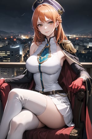 elbow gloves, white skirt, miniskirt, skirt, white_thighhigh_boots,military_uniform,military_hat,white_elbow_gloves,sleeveless ,no_sleeves,shoulder_cape,looking at viewer, city, night, sky, (intricately detailed, hyperdetailed), burning building background,depth of field, best quality, masterpiece, intricate details, tonemapping, sharp focus, hyper detailed, trending on Artstation,1 girl, high res, official art,evil smile,sitting_down,crossed_legs_(sitting),sitting_on_chair, jewelry,orange_hair,brown_eyes,long_hair, nami_(one_piece)