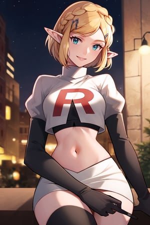 Team Rocket, cropped jacket, white jacket, crop top, jacket, gloves, black gloves, elbow gloves, navel, midriff, white skirt, miniskirt, skirt, black thighhighs,military_uniform,looking down at viewer, china, asiática, city, night, sky, (intricately detailed, hyperdetailed), blurry background,depth of field, best quality, masterpiece, intricate details, tonemapping, sharp focus, hyper detailed, trending on Artstation,1 girl, high res, official art,evil smile,crossed_legs_(sitting),aazelda, short hair, crown braid, hairclip, pointy ears