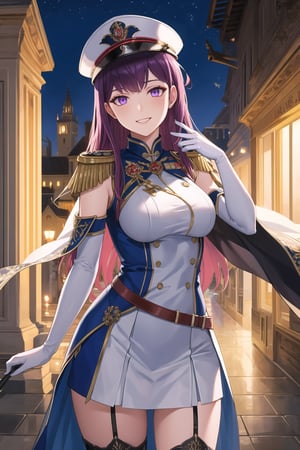 elbow gloves, white skirt, miniskirt, skirt, black thighhigh boots,white_gloves,white_military_uniform,white_military_hat,long white elbow gloves,sleeveless ,no_sleeves,shoulder_cape,looking at viewer, city, night, sky, (intricately detailed, hyperdetailed), frozen building background,depth of field, best quality, masterpiece, intricate details, tonemapping, sharp focus, hyper detailed, trending on Artstation,1 girl, high res, official art,evil smile,purple_eyes,IVY FE,purple-hair