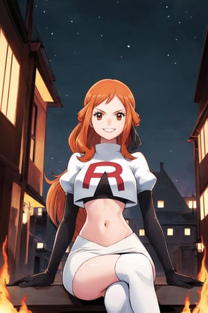 Team Rocket, cropped jacket, white jacket, crop top, jacket, gloves, black gloves, elbow gloves, navel, midriff, white skirt, miniskirt, skirt, black thighhigh boots,military_uniform,looking at viewer, city, night, sky, (intricately detailed, hyperdetailed), burning building background,depth of field, best quality, masterpiece, intricate details, tonemapping, sharp focus, hyper detailed, trending on Artstation,1 girl, high res, official art,evil smile,crossed_legs_(sitting),namipostn,orange_hair,brown_eyes,long_hair