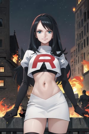 Team Rocket, cropped jacket, white jacket, crop top, jacket, gloves, black gloves, elbow gloves, navel, midriff, white skirt, miniskirt, skirt, black thighhigh boots,military_uniform,looking at viewer, city, night, sky, (intricately detailed, hyperdetailed), burning building background,depth of field, best quality, masterpiece, intricate details, tonemapping, sharp focus, hyper detailed, trending on Artstation,1 girl, high res, official art,evil smile,nicorob, black_hair,blue_eyes,long_hair