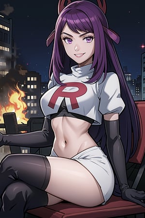 Team Rocket, cropped jacket, white jacket, crop top, jacket, gloves, black gloves, elbow gloves, navel, midriff, white skirt, miniskirt, skirt, black thighhigh boots,military_uniform,looking at viewer, city, night, sky, (intricately detailed, hyperdetailed), burning building background,depth of field, best quality, masterpiece, intricate details, tonemapping, sharp focus, hyper detailed, trending on Artstation,1 girl, high res, official art,evil smile,sitting_down,crossed_legs_(sitting),IVY FE,purple_hair,purple_eyes,long_hair