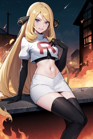 Team Rocket, cropped jacket, white jacket, crop top, jacket, gloves, black gloves, elbow gloves, navel, midriff, white skirt, miniskirt, skirt, black thighhigh boots,military_uniform,looking at viewer, city, night, sky, (intricately detailed, hyperdetailed), burning building background,depth of field, best quality, masterpiece, intricate details, tonemapping, sharp focus, hyper detailed, trending on Artstation,1 girl, high res, official art,evil smile,crossed_legs_(sitting),defCynthia, very long hair, hair ornament