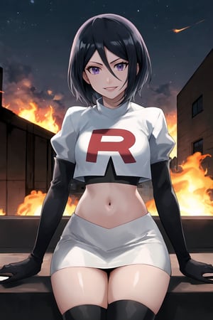 Team Rocket, cropped jacket, white jacket, crop top, jacket, gloves, black gloves, elbow gloves, navel, midriff, white skirt, miniskirt, skirt, black thighhigh boots,military_uniform,looking at viewer, city, night, sky, (intricately detailed, hyperdetailed), burning building background,depth of field, best quality, masterpiece, intricate details, tonemapping, sharp focus, hyper detailed, trending on Artstation,1 girl, high res, official art,evil smile,crossed_legs_(sitting),Rukia, black hair, short hair, hair between eyes, purple eyes