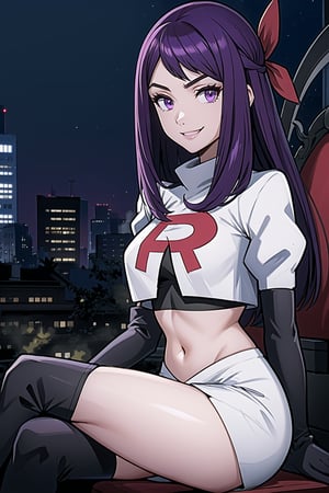 Team Rocket, cropped jacket, white jacket, crop top, jacket, gloves, black gloves, elbow gloves, navel, midriff, white skirt, miniskirt, skirt, black thighhigh boots,military_uniform,looking at viewer, city, night, sky, (intricately detailed, hyperdetailed), burning building background,depth of field, best quality, masterpiece, intricate details, tonemapping, sharp focus, hyper detailed, trending on Artstation,1 girl, high res, official art,evil smile,sitting_down,crossed_legs_(sitting),IVY FE,purple_hair,purple_eyes,long_hair