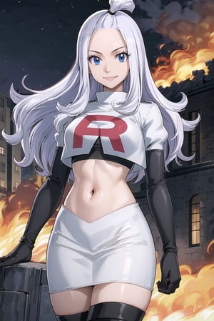 Team Rocket, cropped jacket, white jacket, crop top, jacket, gloves, black gloves, elbow gloves, navel, midriff, white skirt, miniskirt, skirt, black thighhigh boots,military_uniform,looking at viewer, city, night, sky, (intricately detailed, hyperdetailed), burning building background,depth of field, best quality, masterpiece, intricate details, tonemapping, sharp focus, hyper detailed, trending on Artstation,1 girl, high res, official art,evil smile,mirajanestrauss, long hair, blue eyes, white hair, forehead,hair_tie