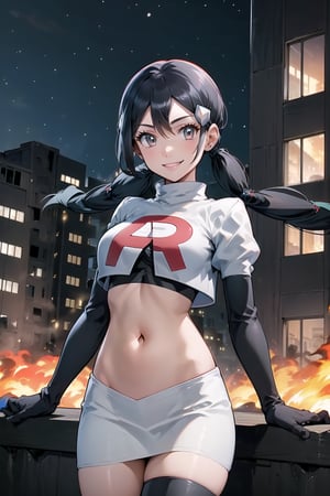 Team Rocket, cropped jacket, white jacket, crop top, jacket, gloves, black gloves, elbow gloves, navel, midriff, white skirt, miniskirt, skirt, black thighhigh boots,military_uniform,looking at viewer, city, night, sky, (intricately detailed, hyperdetailed), burning building background,depth of field, best quality, masterpiece, intricate details, tonemapping, sharp focus, hyper detailed, trending on Artstation,1 girl, high res, official art,evil smile,Candice_PKM,twintails