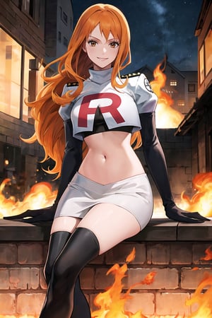 Team Rocket, cropped jacket, white jacket, crop top, jacket, gloves, black gloves, elbow gloves, navel, midriff, white skirt, miniskirt, skirt, black thighhigh boots,military_uniform,looking at viewer, city, night, sky, (intricately detailed, hyperdetailed), burning building background,depth of field, best quality, masterpiece, intricate details, tonemapping, sharp focus, hyper detailed, trending on Artstation,1 girl, high res, official art,evil smile,crossed_legs_(sitting),namipostn,orange_hair,brown_eyes,long_hair,nami \(one piece\)