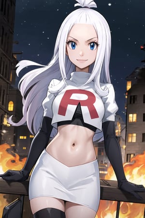 Team Rocket, cropped jacket, white jacket, crop top, jacket, gloves, black gloves, elbow gloves, navel, midriff, white skirt, miniskirt, skirt, black thighhigh boots,military_uniform,looking at viewer, city, night, sky, (intricately detailed, hyperdetailed), burning building background,depth of field, best quality, masterpiece, intricate details, tonemapping, sharp focus, hyper detailed, trending on Artstation,1 girl, high res, official art,evil smile,mirajanestrauss, long hair, blue eyes, white hair, forehead,hair_tie