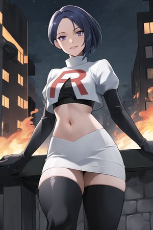 Team Rocket, cropped jacket, white jacket, crop top, jacket, gloves, black gloves, elbow gloves, navel, midriff, white skirt, miniskirt, skirt, black thighhigh boots,military_uniform,looking at viewer, city, night, sky, (intricately detailed, hyperdetailed), burning building background,depth of field, best quality, masterpiece, intricate details, tonemapping, sharp focus, hyper detailed, trending on Artstation,1 girl, high res, official art,evil smile,defShamir, purple_eyes