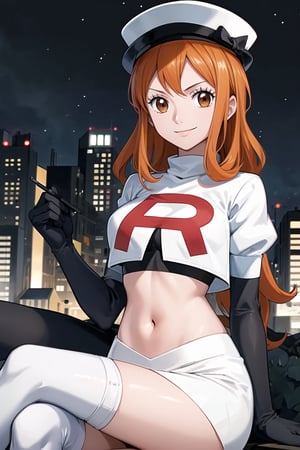 Team Rocket, cropped jacket, white jacket, crop top, jacket, gloves, black gloves, elbow gloves, navel, midriff, white skirt, miniskirt, skirt, black thighhighs,military_uniform,white_military_hat,looking down at viewer, city, night, sky, (intricately detailed, hyperdetailed), blurry background,depth of field, best quality, masterpiece, intricate details, tonemapping, sharp focus, hyper detailed, trending on Artstation,1 girl, high res, official art,evil smile,crossed_legs_(sitting),orange_hair,brown_eyes,nami \(one piece\)