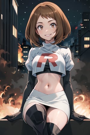 Team Rocket, cropped jacket, white jacket, crop top, jacket, gloves, black gloves, elbow gloves, navel, midriff, white skirt, miniskirt, skirt, black thighhigh boots,military_uniform,looking at viewer, city, night, sky, (intricately detailed, hyperdetailed), burning building background,depth of field, best quality, masterpiece, intricate details, tonemapping, sharp focus, hyper detailed, trending on Artstation,1 girl, high res, official art,evil smile,crossed_legs_(sitting),hmochako, short hair,brown_hair,brown_eyes