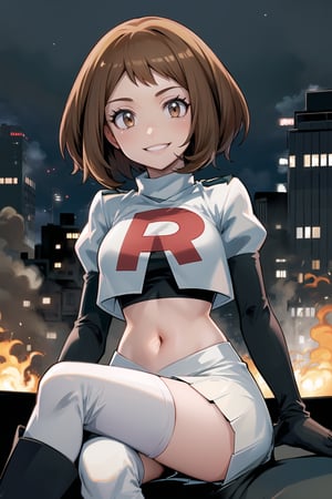 Team Rocket, cropped jacket, white jacket, crop top, jacket, gloves, black gloves, elbow gloves, navel, midriff, white skirt, miniskirt, skirt, black thighhigh boots,military_uniform,looking at viewer, city, night, sky, (intricately detailed, hyperdetailed), burning building background,depth of field, best quality, masterpiece, intricate details, tonemapping, sharp focus, hyper detailed, trending on Artstation,1 girl, high res, official art,evil smile,crossed_legs_(sitting),hmochako, short hair,brown_hair,brown_eyes