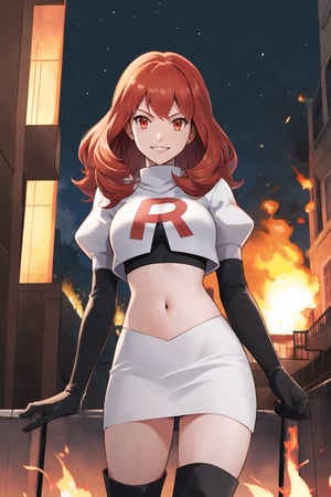 Team Rocket, cropped jacket, white jacket, crop top, jacket, gloves, black gloves, elbow gloves, navel, midriff, white skirt, miniskirt, skirt, black thighhigh boots,military_uniform,looking at viewer, city, night, sky, (intricately detailed, hyperdetailed), burning building background,depth of field, best quality, masterpiece, intricate details, tonemapping, sharp focus, hyper detailed, trending on Artstation,1 girl, high res, official art,evil smile,standing,celica fe,red_hair,red_eyes