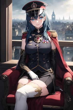 elbow gloves, white skirt, miniskirt, skirt, white_thighhigh_boots,military_uniform,military_hat,white_elbow_gloves,sleeveless ,no_sleeves,shoulder_cape,looking at viewer, city, night, sky, (intricately detailed, hyperdetailed), burning building background,depth of field, best quality, masterpiece, intricate details, tonemapping, sharp focus, hyper detailed, trending on Artstation,1 girl, high res, official art,evil smile,sitting_down,crossed_legs_(sitting),sitting_on_chair, jewelry,FEMBYLETH