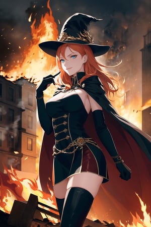 In the midst of a cityscape at night, a lone figure stands out against a backdrop of flames engulfing a burning building. The subject, an evil sorceress, dons white military attire, complete with a hat and long white elbow gloves, her orange hair ablaze like the inferno behind her. Her blue eyes gleam with malevolence as she gazes directly at the viewer, her sleeveless shoulders capped by a flowing cape. She wears a miniskirt over black thigh-high boots, an incongruous juxtaposition of innocence and menace. The scene is bathed in a warm, orange-hued light, with intricate details like smoke billowing from the burning building and subtle texture on the sorceress's gloves. The focus is sharp, with a shallow depth of field drawing attention to the subject's evil smile and piercing eyes. This hyper-detailed masterpiece would surely be trending on Artstation, with its high resolution and official art quality making it a standout piece.