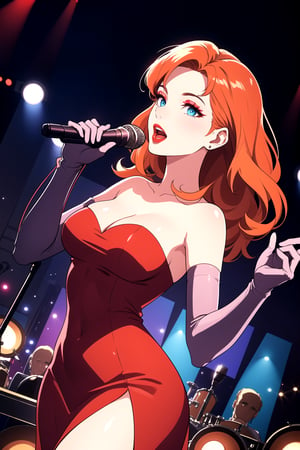 best quality,4k,8k,highres,masterpiece:1.2),ultra-detailed,(realistic,photorealistic,photo-realistic:1.37), vibrant colors, stage spotlight, vintage microphone, elegant hair, graceful pose, dynamic atmosphere, stylish interior, classic jazz era vibes, captivating performance, soulful expression, animated jazz band, rhythmic music, passionate singing, microphone stand, energetic crowd, glamorous ambiance, seamless visual composition, enchanting red lighting, annette_war, in a red dress, blue eyes, orange hair, long hair, long white elbow gloves, wearing red lipstick, wearing light purple eye shadow, wearing makeup, holding old 1920s microphone, jazz club background, singing