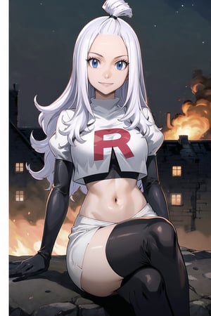 Team Rocket, cropped jacket, white jacket, crop top, jacket, gloves, black gloves, elbow gloves, navel, midriff, white skirt, miniskirt, skirt, black thighhigh boots,military_uniform,looking at viewer, city, night, sky, (intricately detailed, hyperdetailed), burning building background,depth of field, best quality, masterpiece, intricate details, tonemapping, sharp focus, hyper detailed, trending on Artstation,1 girl, high res, official art,evil smile,sitting_down,crossed_legs_(sitting),mirajanestrauss, long hair, blue eyes, white hair, forehead,hair_tie