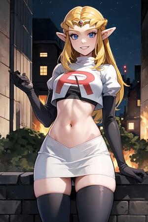 Team Rocket, cropped jacket, white jacket, crop top, jacket, gloves, black gloves, elbow gloves, navel, midriff, white skirt, miniskirt, skirt, black thighhigh boots,military_uniform,looking at viewer, city, night, sky, (intricately detailed, hyperdetailed), burning building background,depth of field, best quality, masterpiece, intricate details, tonemapping, sharp focus, hyper detailed, trending on Artstation,1 girl, high res, official art,evil smile,Ocarina of Time Zelda,blond_hair